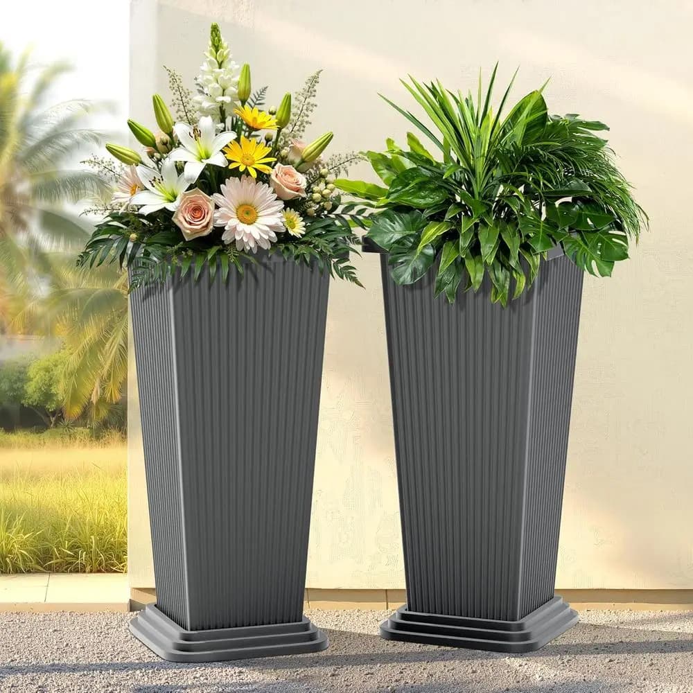 Set di 2 vasi grigi a righe alti 60 cm per esterni e interni, vasi affusolati con drenaggio, ideali per piante di grandi dimensioni e patio
