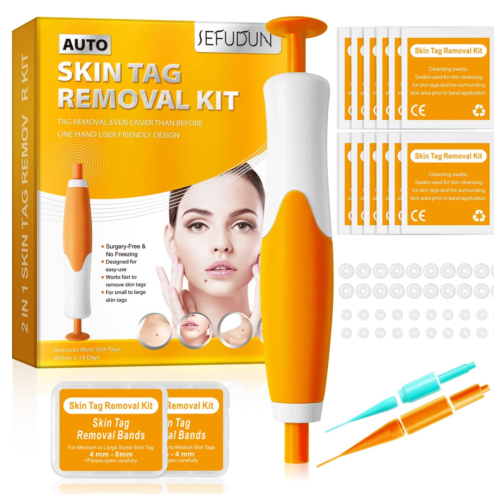 Automatic removal kit for cutaneous labels for small to large 2-8 mm cutaneous labels with detergent pads and 2 size bands Easy to use skin care tool