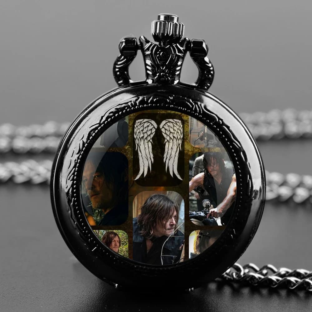 Vintage Quartz Pocket Watch with Design TV Zombie Daryl Dixon Norman Reedus, Necklace with Chain Pendant for Men and Women, Gift Jewelry