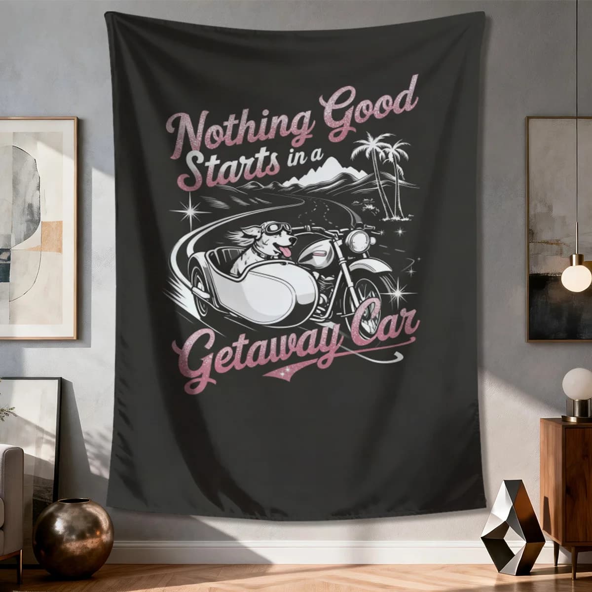 Retro Getaway Car Motorcycle Tapestry Boho Wall Decor Art Print for Garage Man Cave Bathroom Nursery Living Room Poster