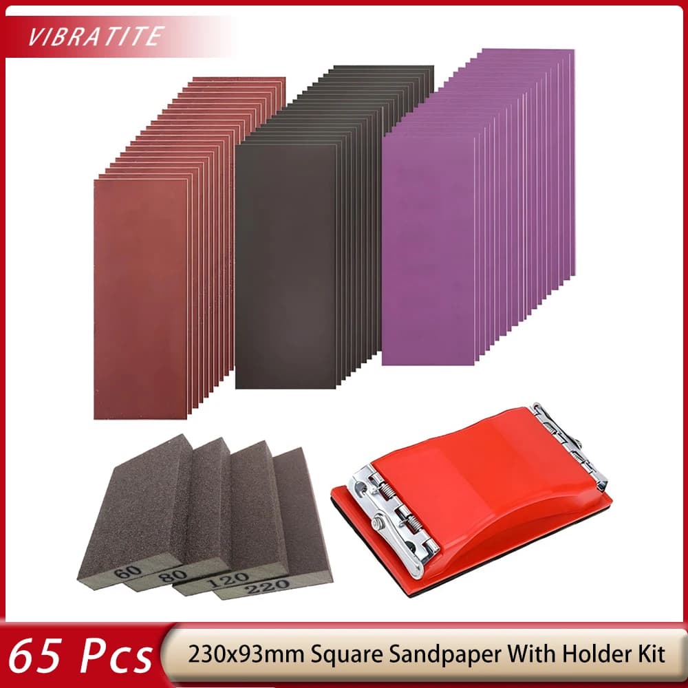Kit di levigatura da 65 pezzi: carta abrasiva quadrata 230x93mm e blocco di levigatura in spugna 70x100x15mm con supporto per lucidatura fai-da-te di legno, pareti e auto