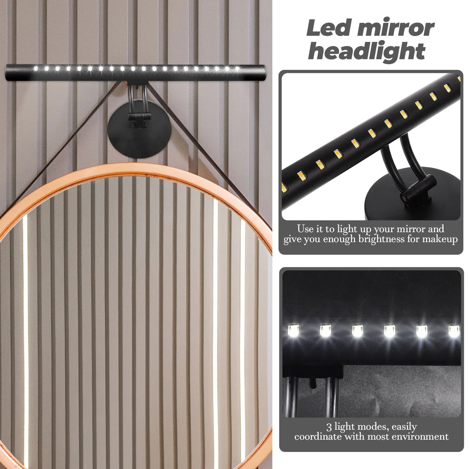 Dimmable Makeup Mirror Lights LED Vanity Mirror Headlight 3 Light Modes Brightness Adjustable for Bathroom
