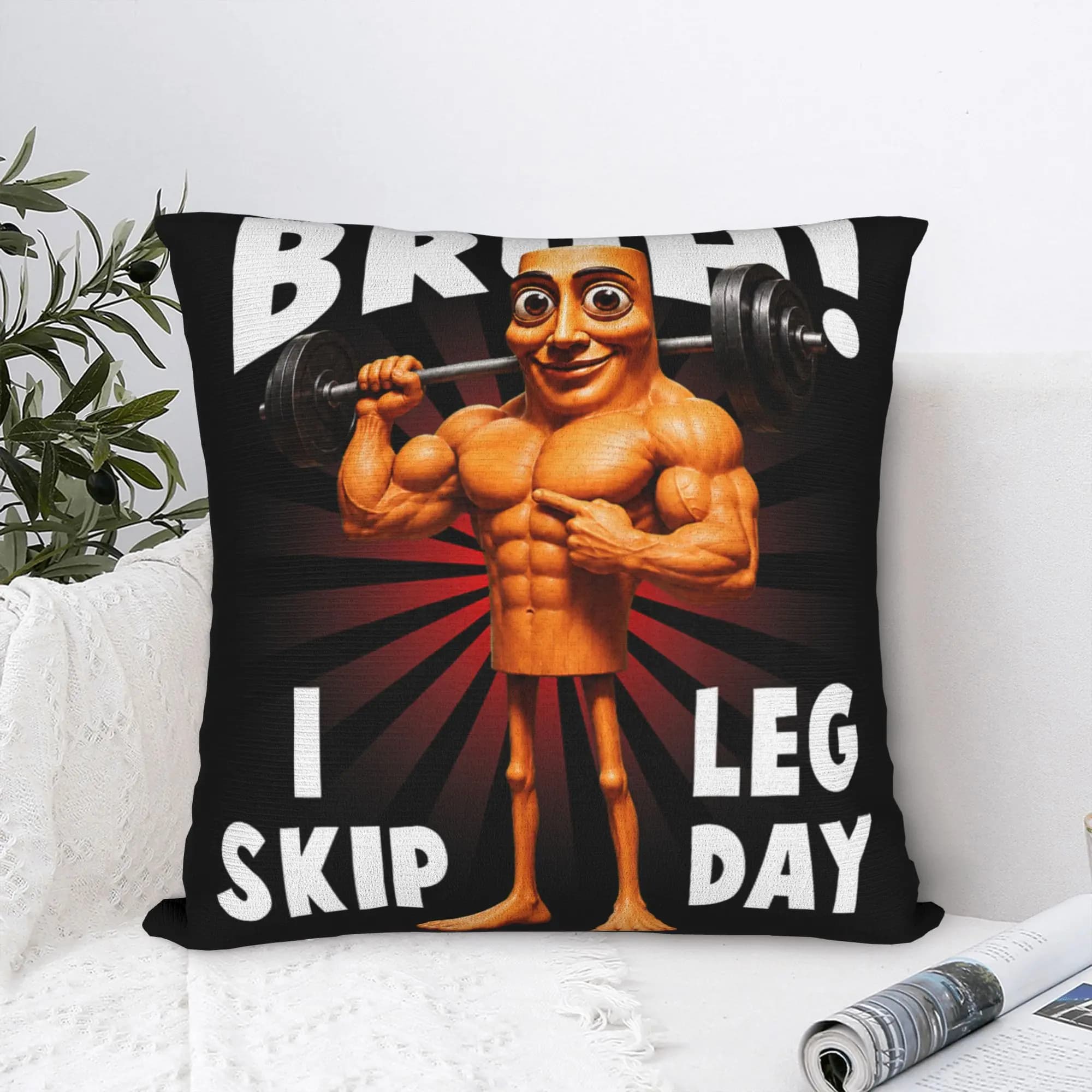 Bruh I Skip Leg Day Tung Tung Sahur Gym Brainrot Meme Pillow Case Retro Trendy Pillow Cover Pillowcases For Sofa Home Decoration
