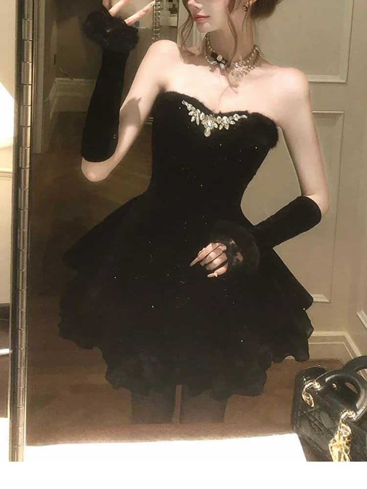 Diamond Embedded Bridesmaid Dress Women's Birthday Party Dress Slim Fit Waist Cinched Princess Style Skirt