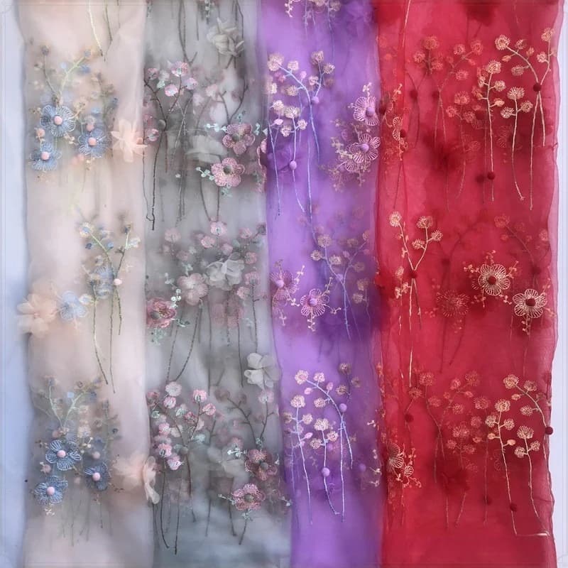 3D Stereo Floral Embroidery Tulle Fabric, Sheer Mesh Cloth for Hanfu Wedding Stage Dress Bridal Veil DIY Sewing