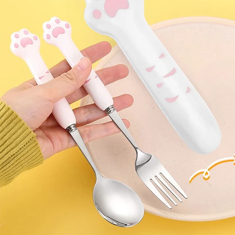 Set di posate a forma di zampa di gatto in acciaio inossidabile con scatola portaoggetti, accessori per pranzo e bento