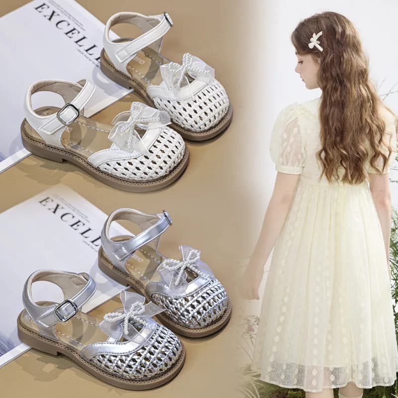 Sandali Mary Jane da bambina estivi intrecciati con fiocco, scarpe da principessa per bambini, sandali piatti traspiranti con intagli, per scuola, matrimonio, festa