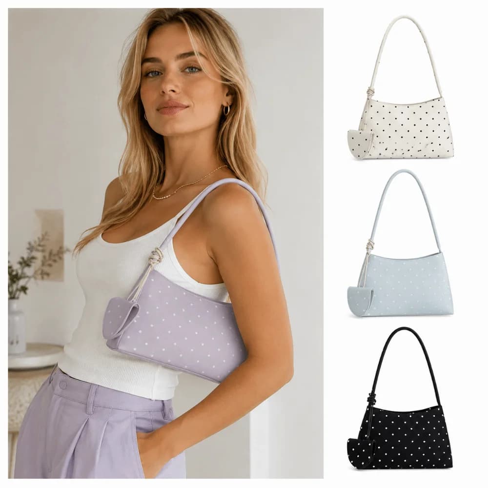 New PU Shoulder Bag Lightweight Polka Dot Pattern Handbag Tote Bag Women