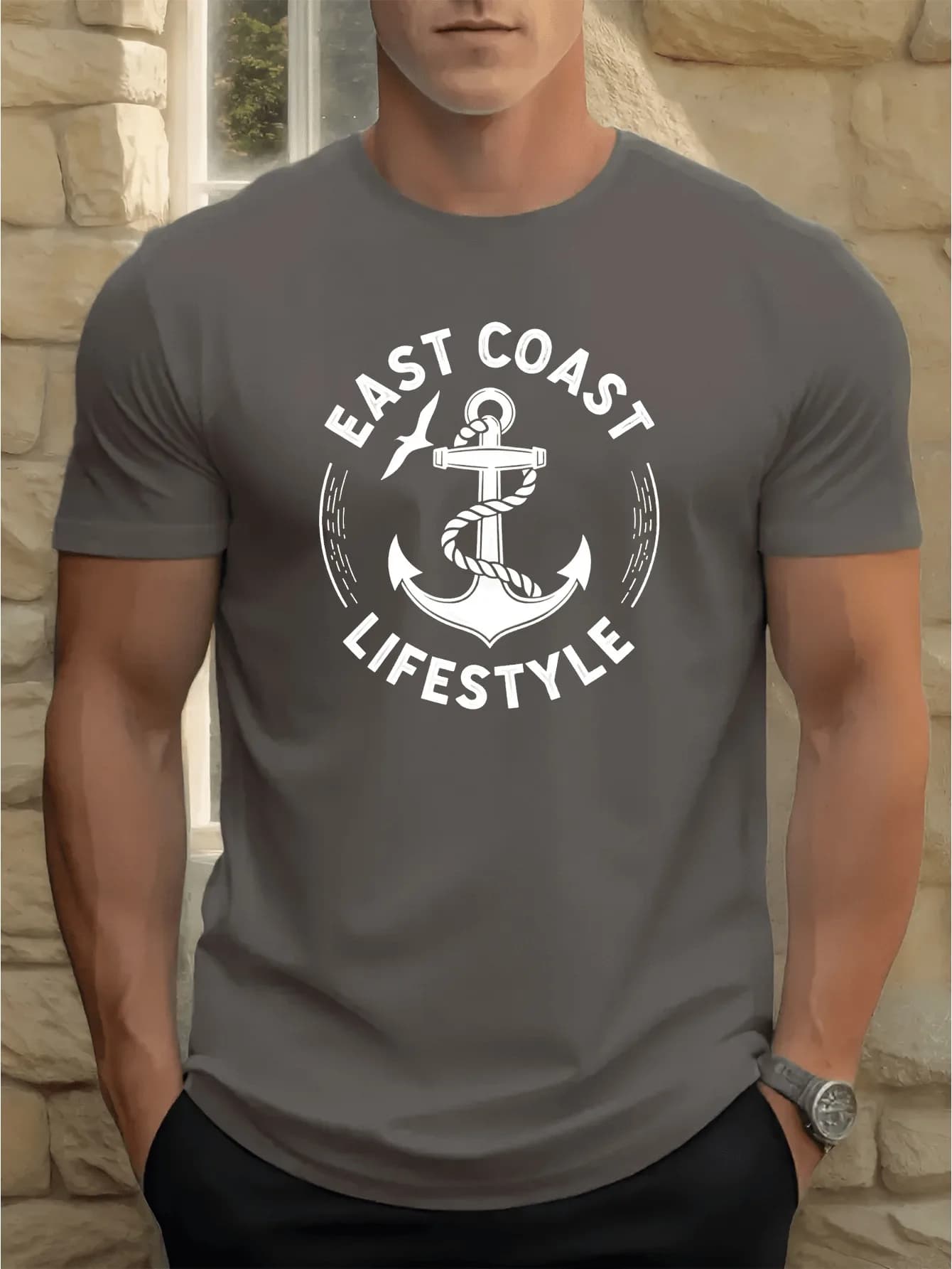 T-shirt da uomo estiva in puro cotone 100% casual, comoda, con logo a forma di ancora, stampato, girocollo, a maniche corte