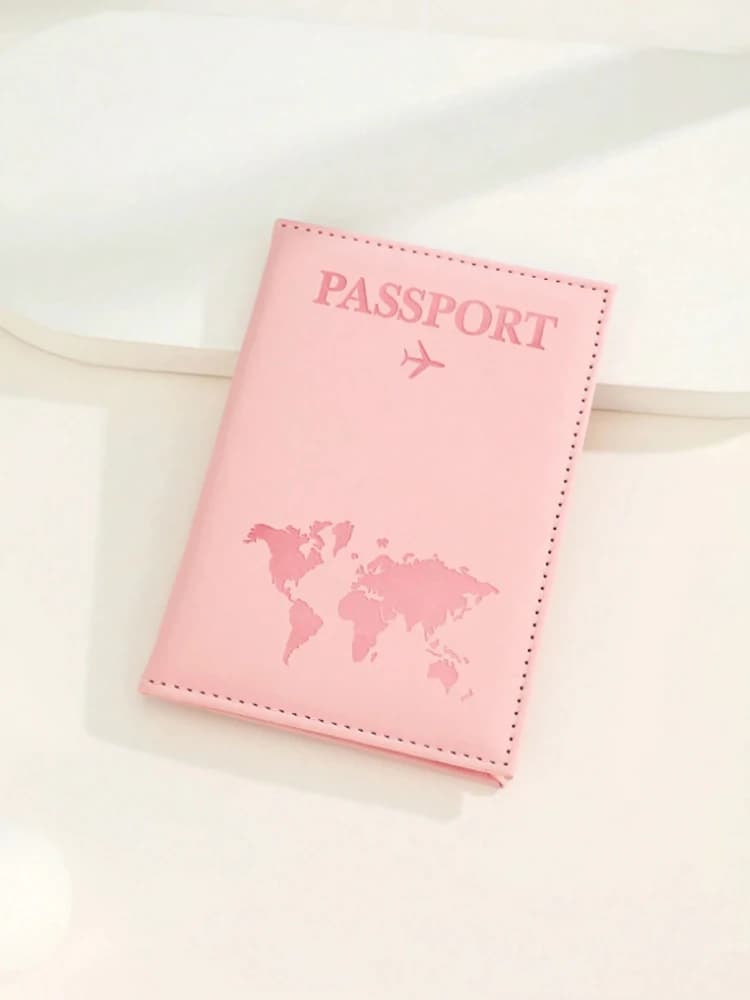 Custodia per passaporto da viaggio in materiale PU con finitura opaca da 1 pezzo con mappa del mondo e stampa di lettere e custodia per passaporto con design fisso