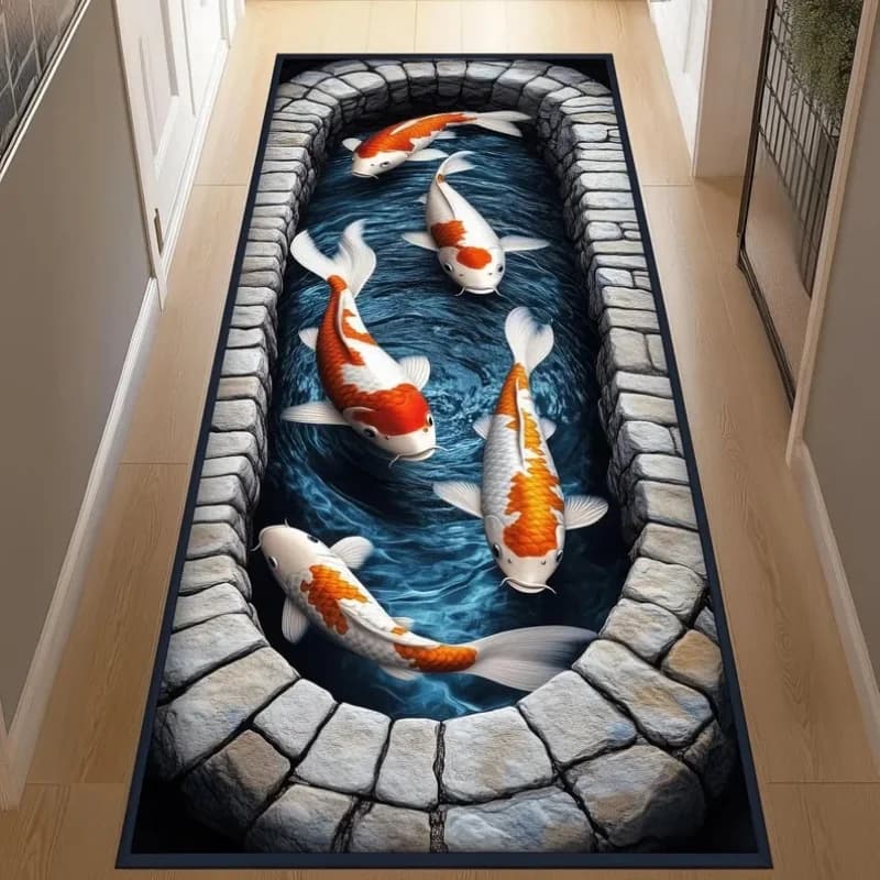 Tappeto 2D con Pesci Koi per Corridoio, Antiscivolo, Effetto Fiume Subacqueo, Resistente, Tappetino Artistico Asiatico per Interni