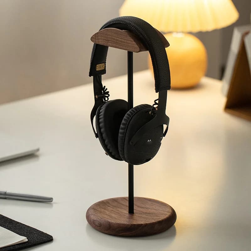 Support for Headphones in Solid Wood, Universal Headphones for Monitor, Walnut
