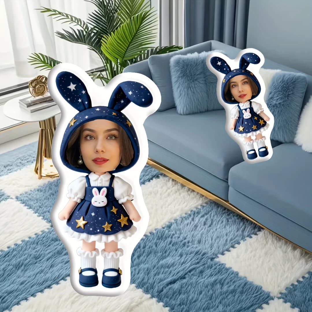 Customizable Fun Photo Pillow - Personal Face Pillow Rabbit Shape Cushion, Unique Double-Sided Print, Ideal for Living Room and