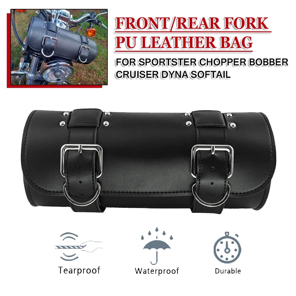 Borsa da moto Borsa da sella per attrezzi forcella anteriore posteriore per Harley Sportster Dyna Softail Chopper Bobber Cruiser Borse da viaggio in pelle PU