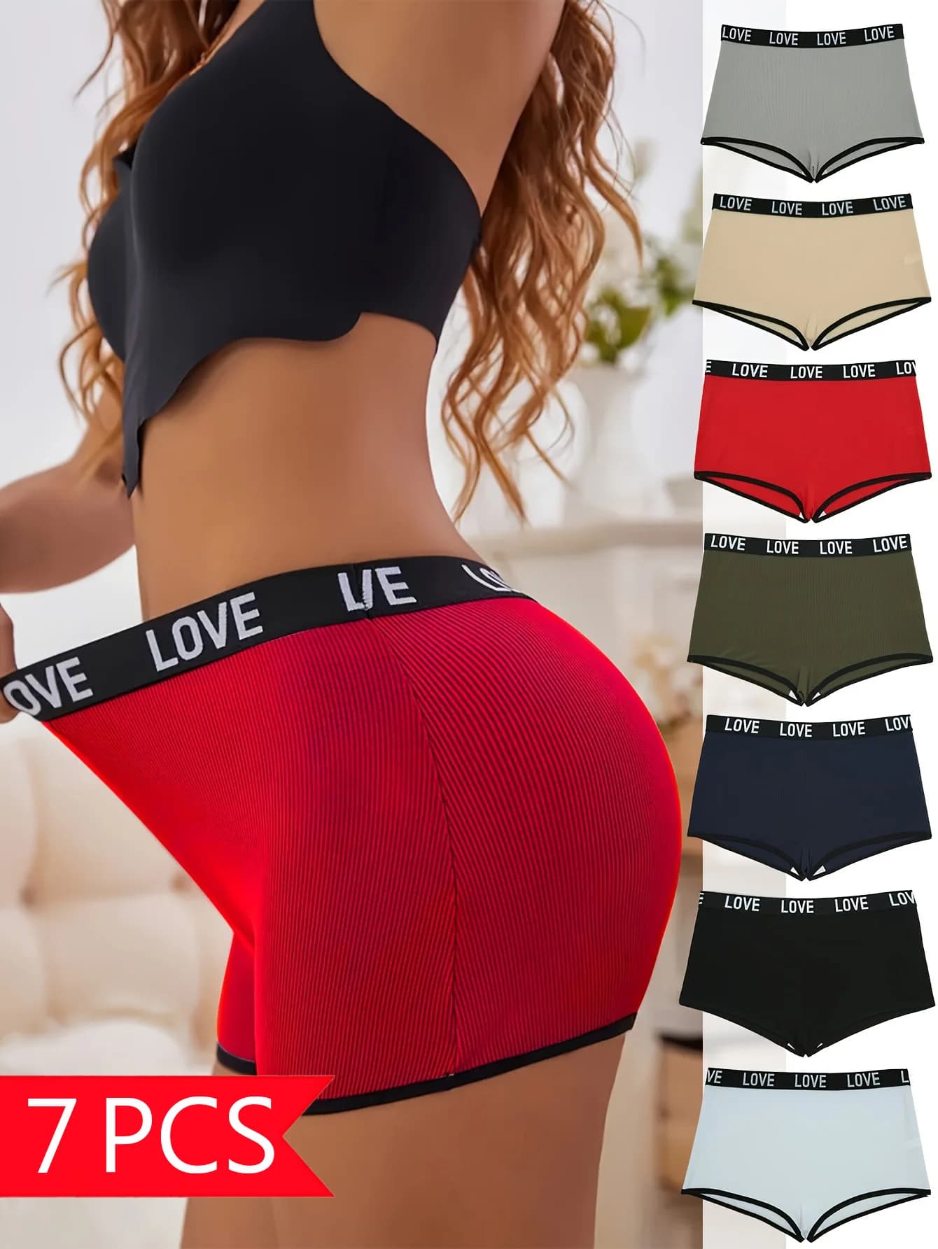 7 paia di slip da donna con cintura con lettere in colori misti sono comodi, casual, energetici, sportivi e lussuosi