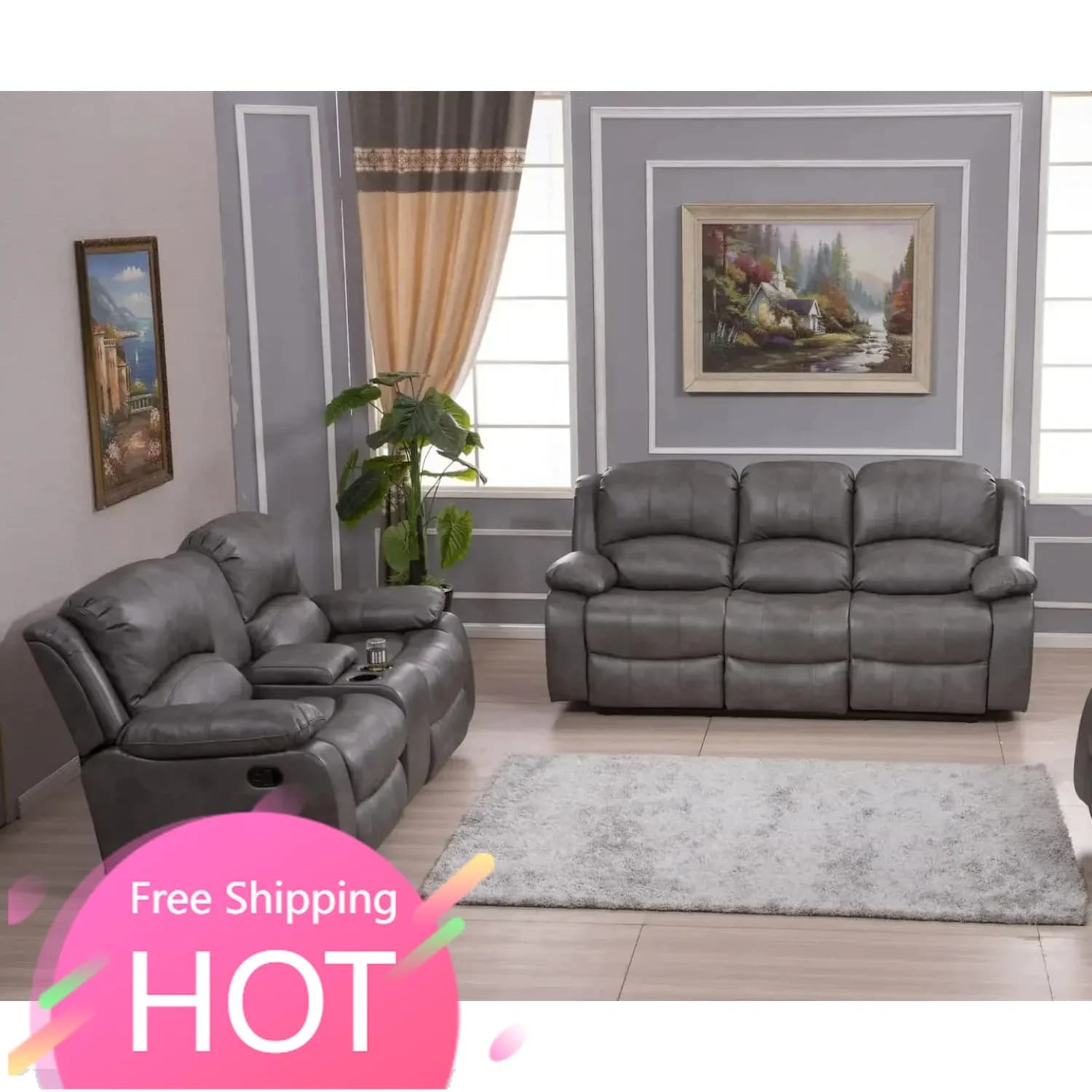 Bestseller: Set Divano Reclinabile in Pelle a 2 Posti per Soggiorno, Modello 8018, Disponibile in Vari Colori (Grigio)