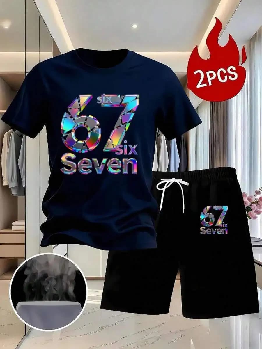 Completo da uomo a 2 pezzi, t-shirt a maniche corte e pantaloncini casual con stampa olografica