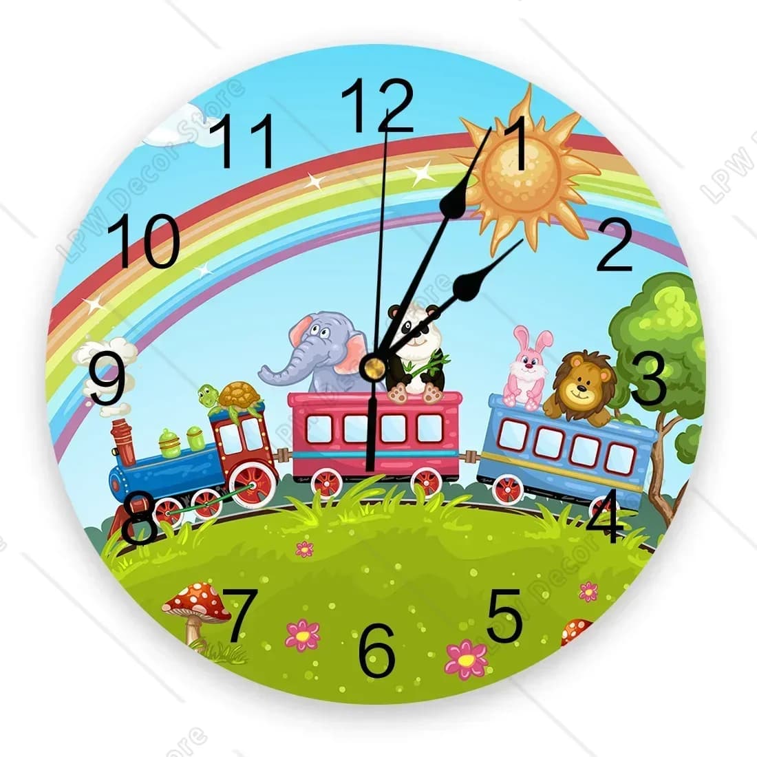 Train Zoo Cartoon Children Sole Arcobaleno Round Wall Clock Hanged Quiet Clock Interior Bedroom Living Room Office Furniture