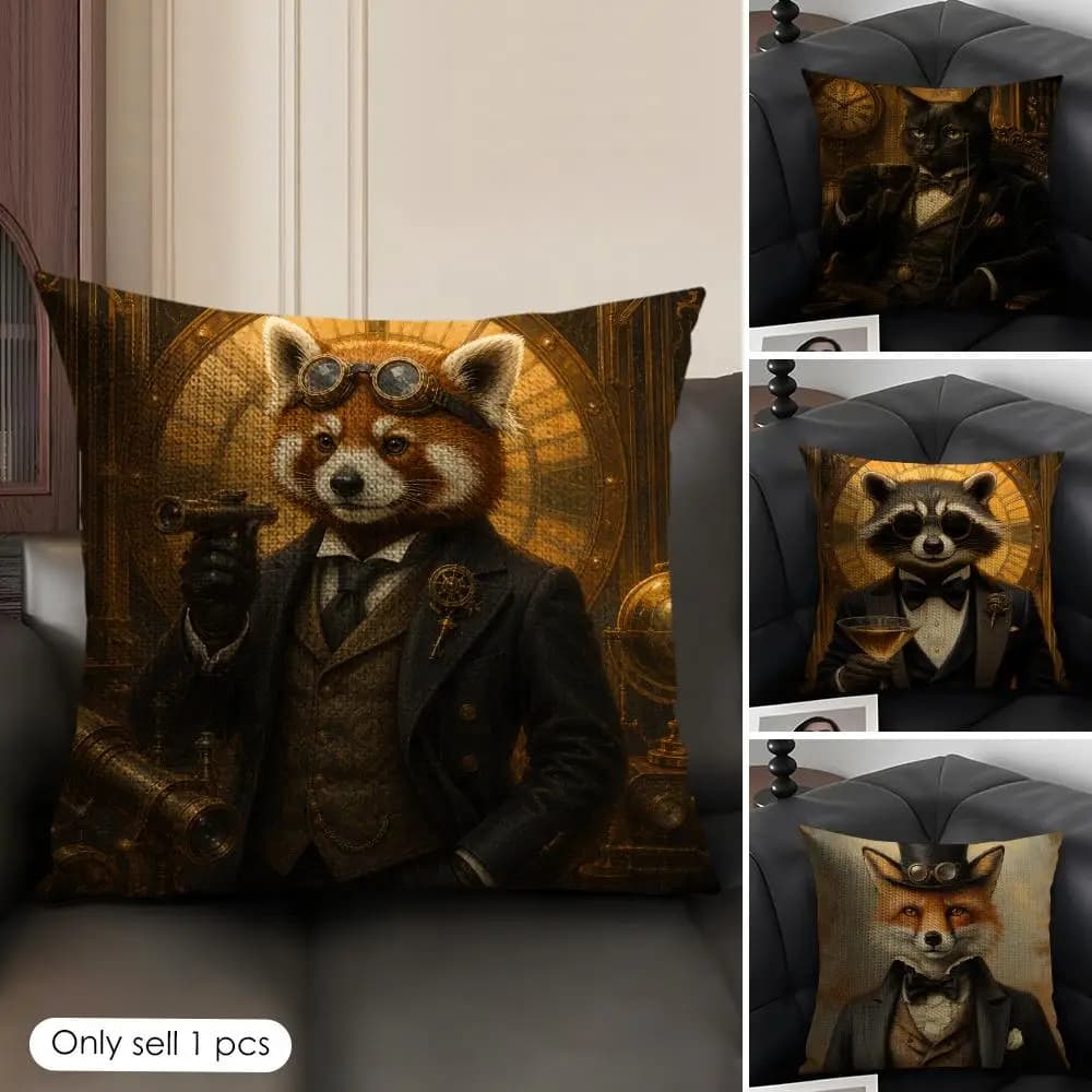 Retro Cute Fox Owl Dog Raccoon Cushion Cover Natural Linen Organic Fabric Double Sided Print Sofa Pillow Case Home Decor Gift