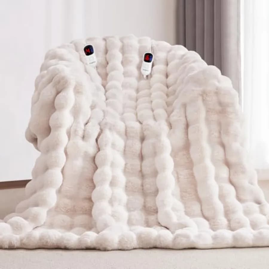 Coperta riscaldata con funzione di spegnimento automatico 1 2 4 6 8 ore 10 livelli di calore 90'' x 100'' Accogliente pelliccia di coniglio sintetica Bubble Blan elettrico