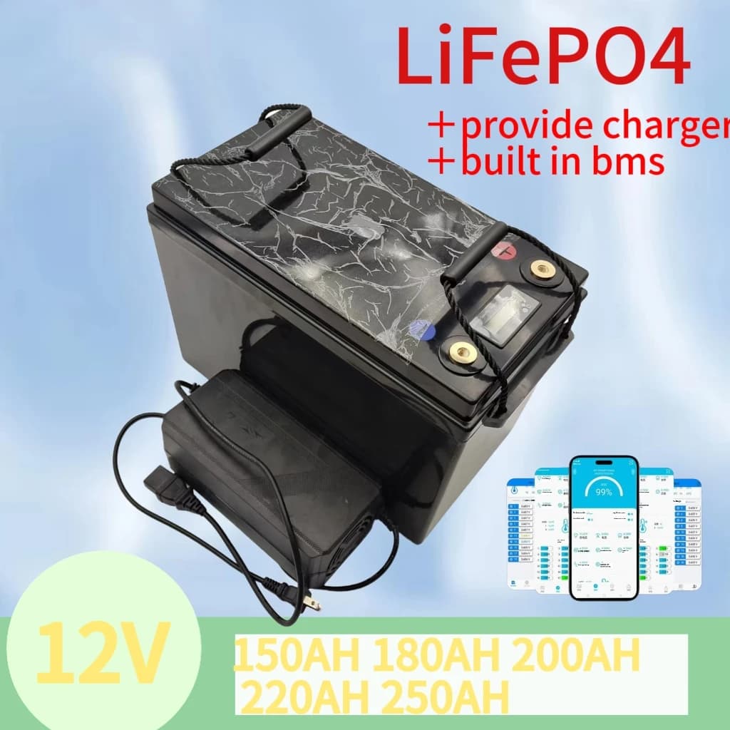 Batteria ricaricabile Lifepo4 12V 150Ah 180Ah 200Ah 220Ah 250Ah con Bluetooth BMS per inverter da pannello solare con motore da traina da 2KW