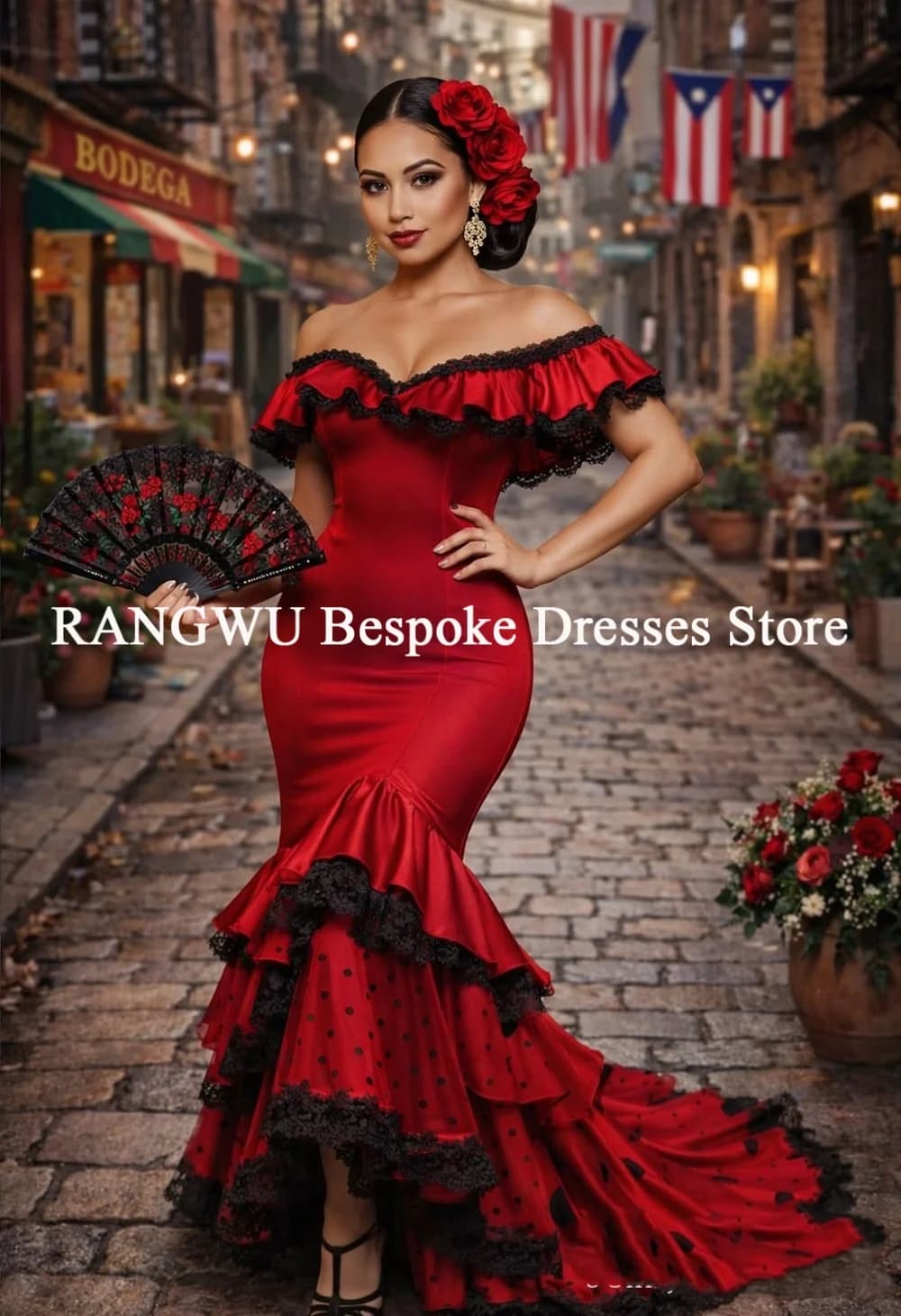 Abito da sera rosso spagnolo a sirena con spalle scoperte e gonna a strati, abito da ballo per il ballo di fine anno, abito formale da festa, vestidos de noche personalizzati