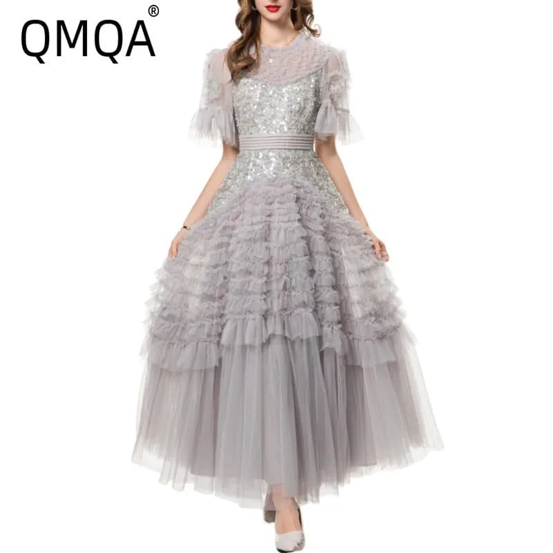 QMQA Fashion Women's Elegant Dress Spliced Sequined Round Neck Flared Sleeves Waist Large Swing Ruffles Big Swing Dress QM586