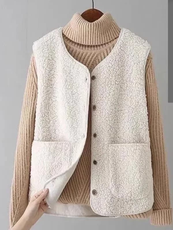 Lamb Velvet Jacket Women's Thickened Autumn Winter Coat Warm Fleece Outerwear V-neck Pocket Multi-function Polyester Fiber