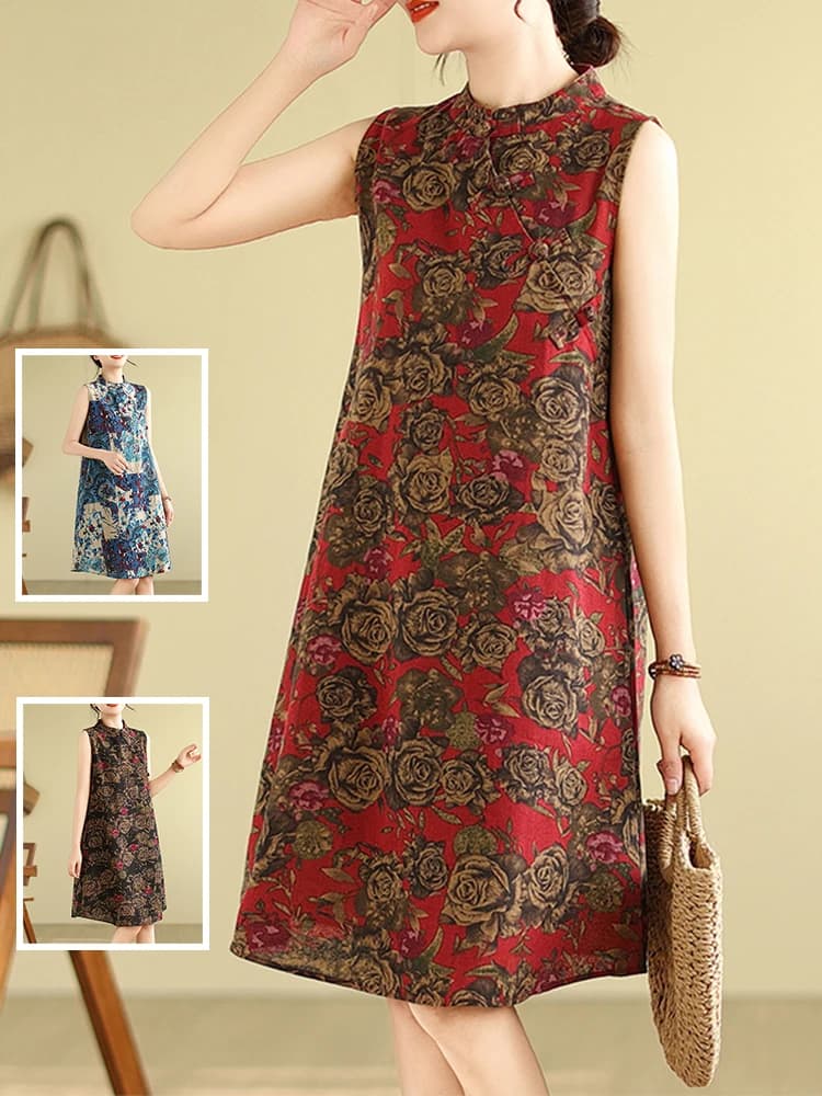 Retro Chinese Style Printed Cotton Linen Dress Long Sleeveless Vest Skirt mid Waist A-Line Summer Fashion Women's Dress