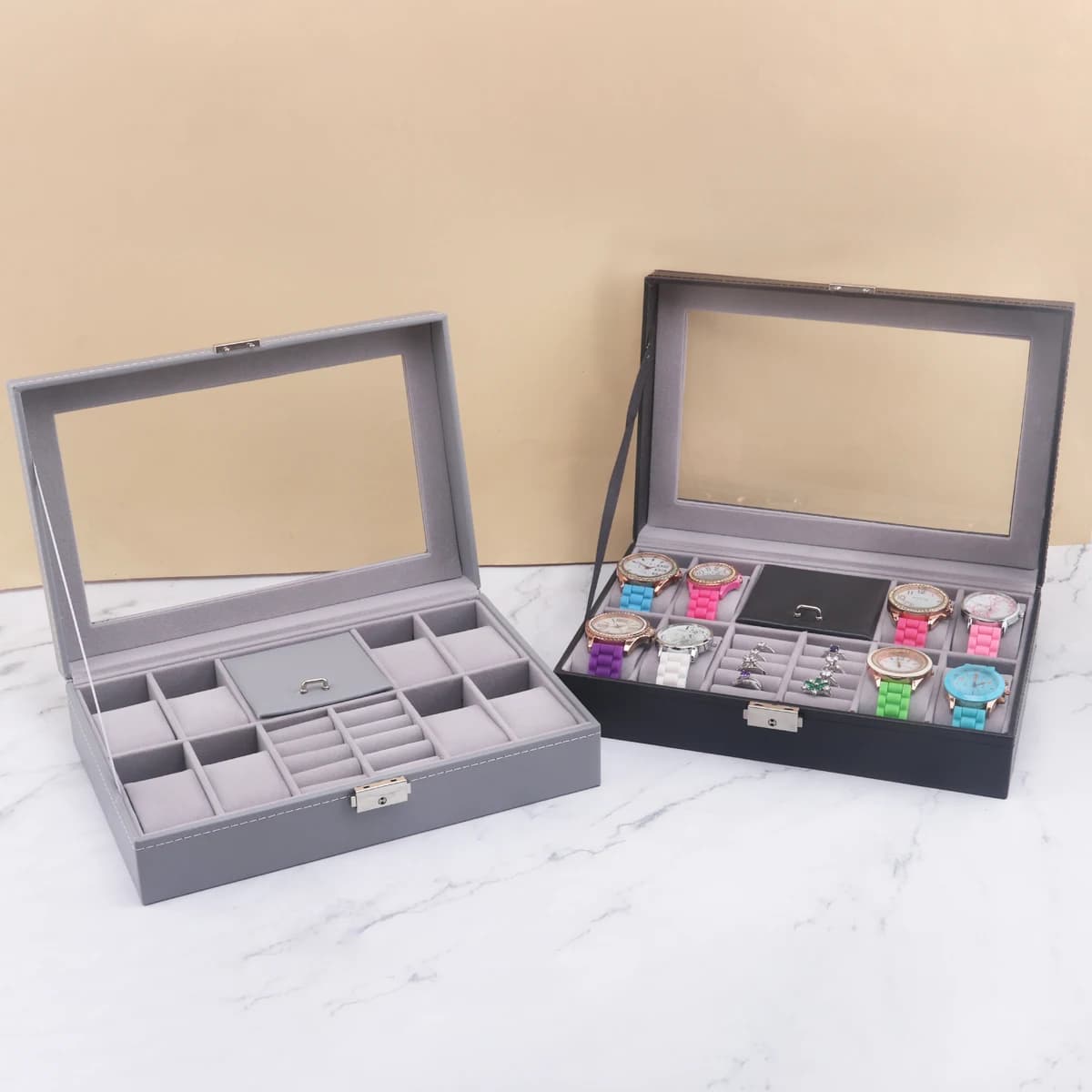 8-grid light luxury watch and jewelry display box, PU leather storage case, holds watches, rings, earrings and necklaces