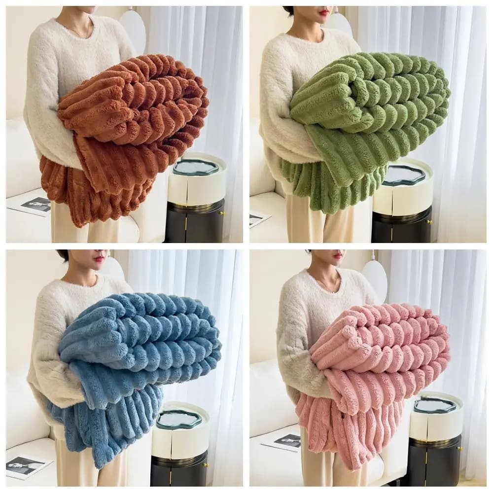 Nuova coperta da tiro in pelliccia di coniglio sintetica ultra morbida, calda coperta a righe, trapunta condizionata, soffici lancette per divano, sedia, divano