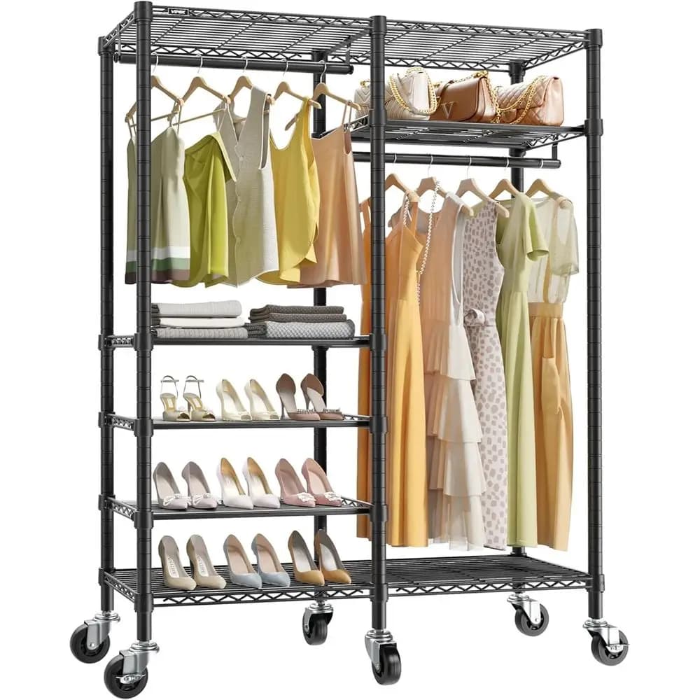 R4 Rolling Clothes Rack for Closet, Garment Rack With Lockable Wheels, 6 Adjustable Shelves & 2 Hanger Rods for Bedroom or Laund