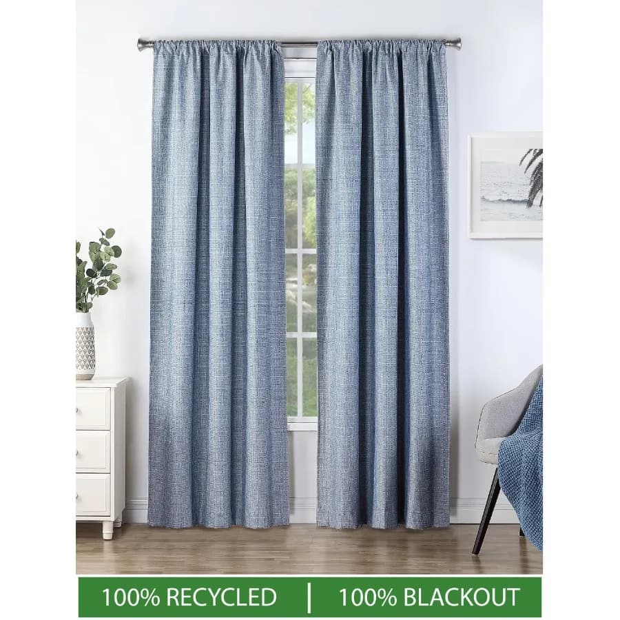 Textured 100% Blackout Indoor Curtains 2 Pack Panel Set - 100% Recycled Navy 40" W x 63" L