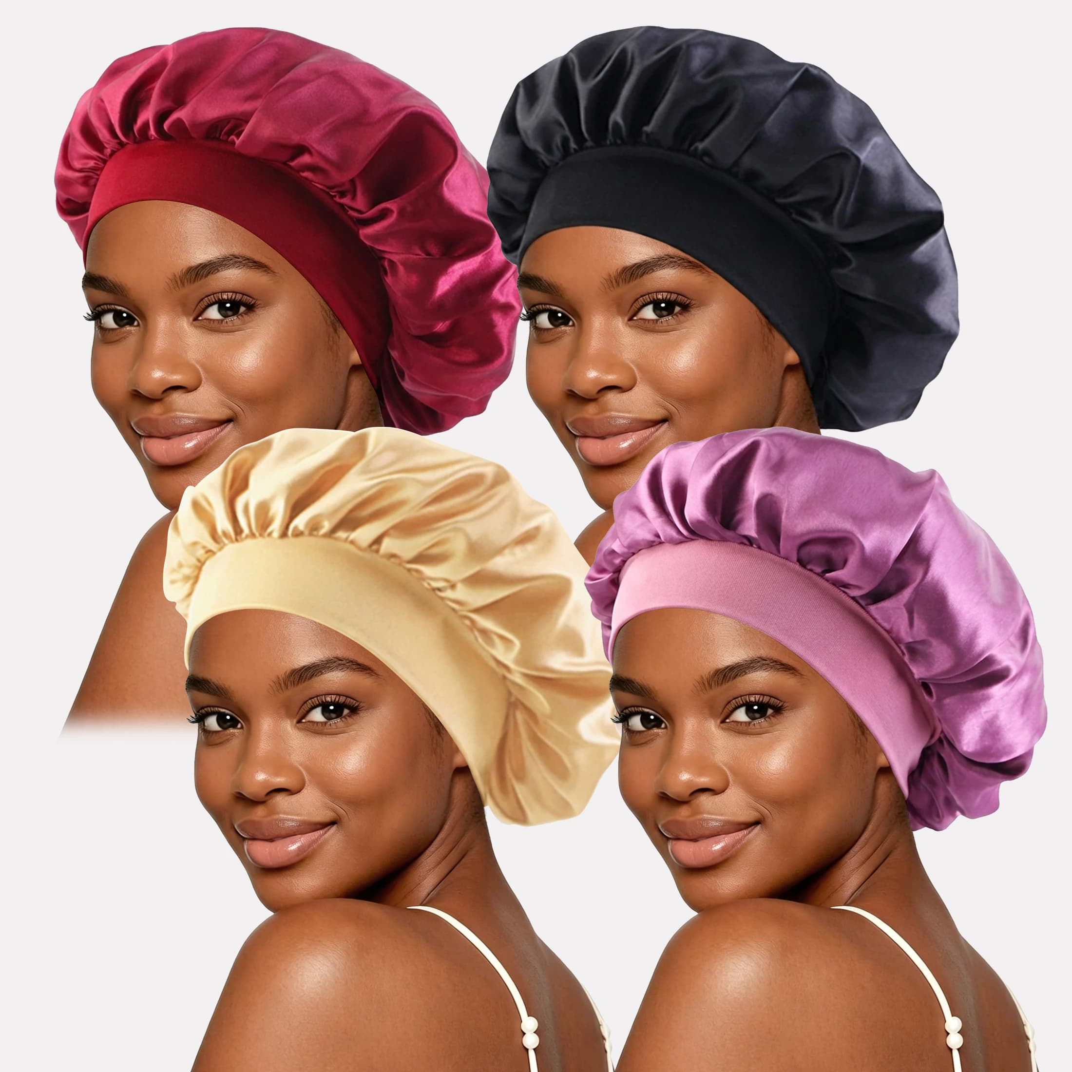 4PCS Women's Satin Solid Bonnets Wide-brimmed Hair Wrap for Sleeping Sleep Cap Elastic Band Cap Hair Wrapping Tool