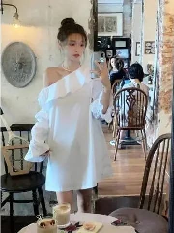 Spring Shoulder Bared Long Sleeve Irregular Hem Line Women's Dress Korean Style High Waist A-Line Skirt Polyester Material