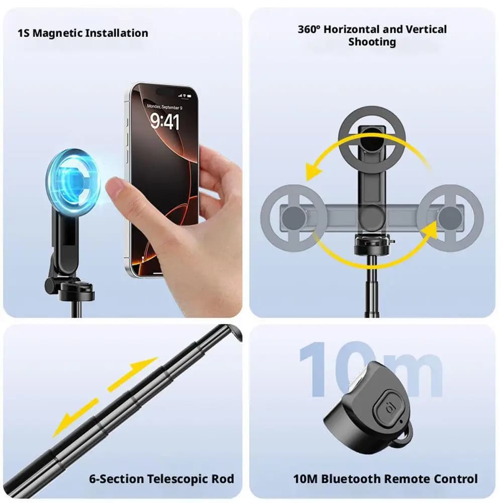 Magnetic Tripod for Selfie with Grip and Light, 10m Bluetooth Remote Control, Stable Support for Photography and Vlog with Smartphone