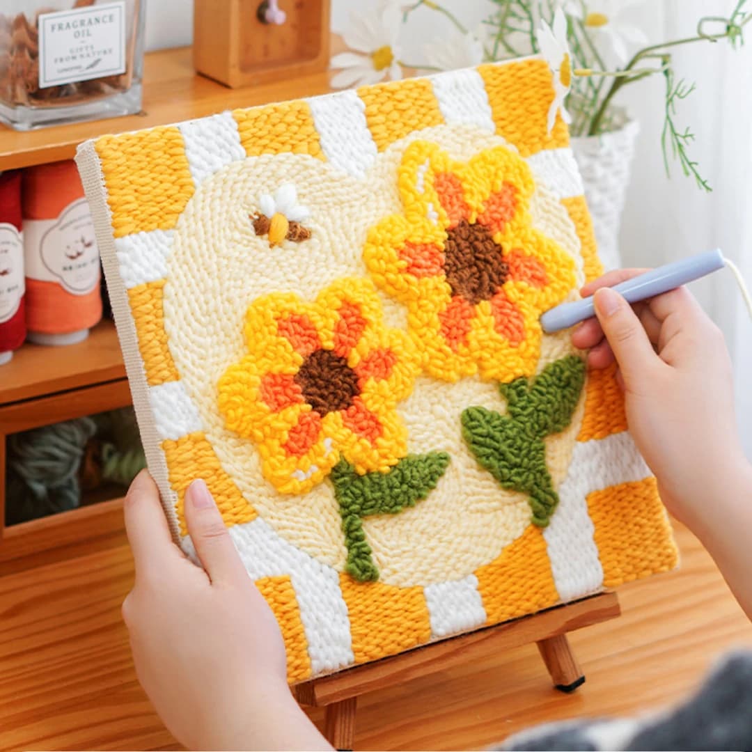 3D Sunflower Punch Needle Embroidery Kit with Frame Wool Poke Stitch Embroidery Kit DIY Easy Craft Wall Art Painting Home Decor