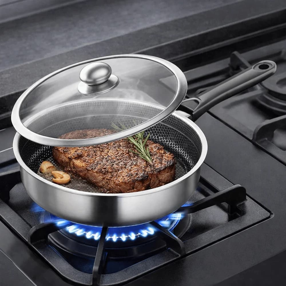 Stainless Steel Non-stick pan with Bee Nido Motive, Quick Heating, Deep Flat Bottom, Kitchen Pot