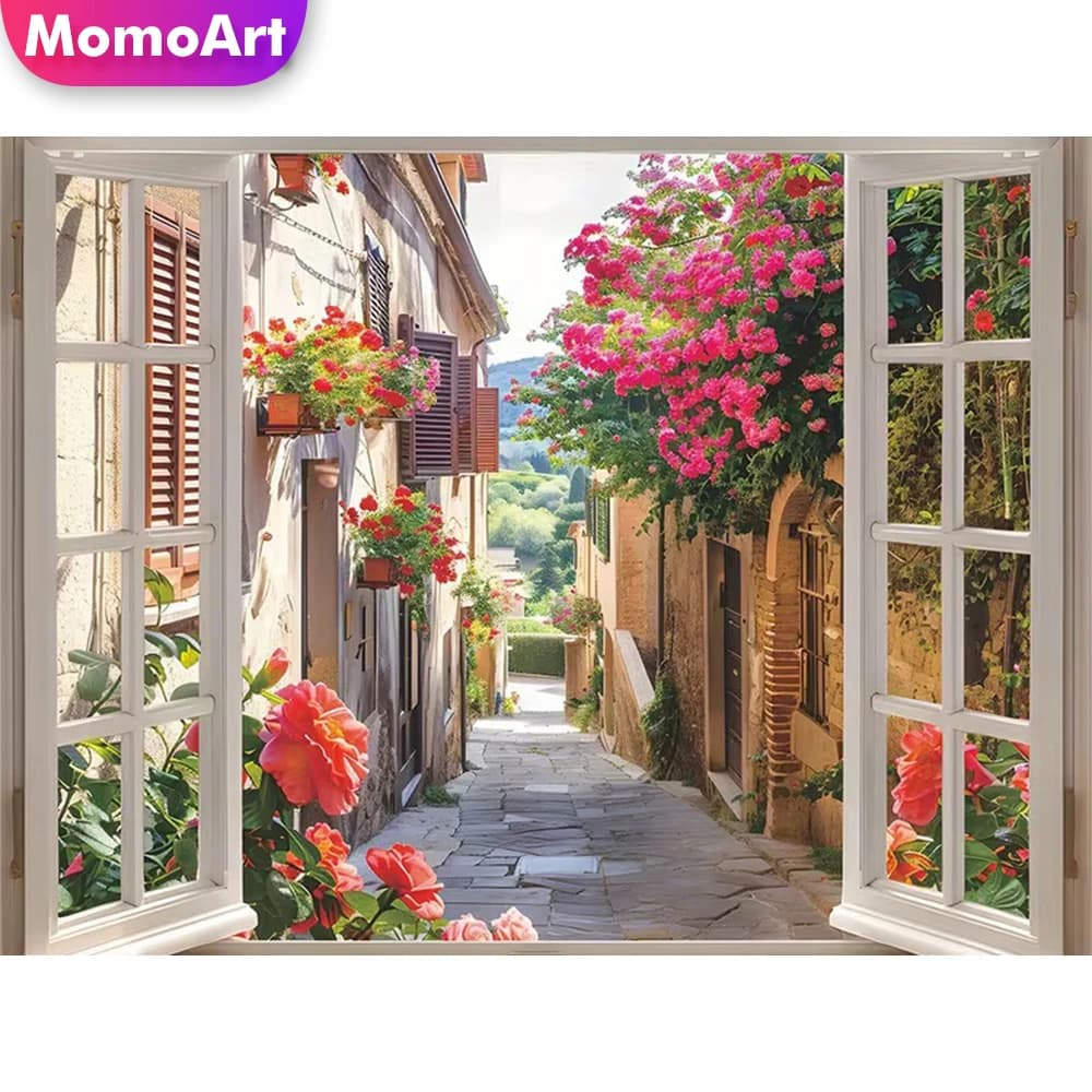 Momoart Diamond Mosaic Street Pattern per Adulti Principianti, Pittura Diamante Fai da Te, Paesaggio con Finestre, Ricamo, Decorazione Murale