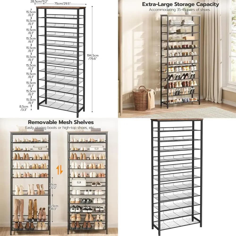 Organizer for Shoes 12 shelves, Mensole Inclinata for 35-45 Paia, Brown Rustic and Black, Ideal for Entrance, Wardrobe, Corridor