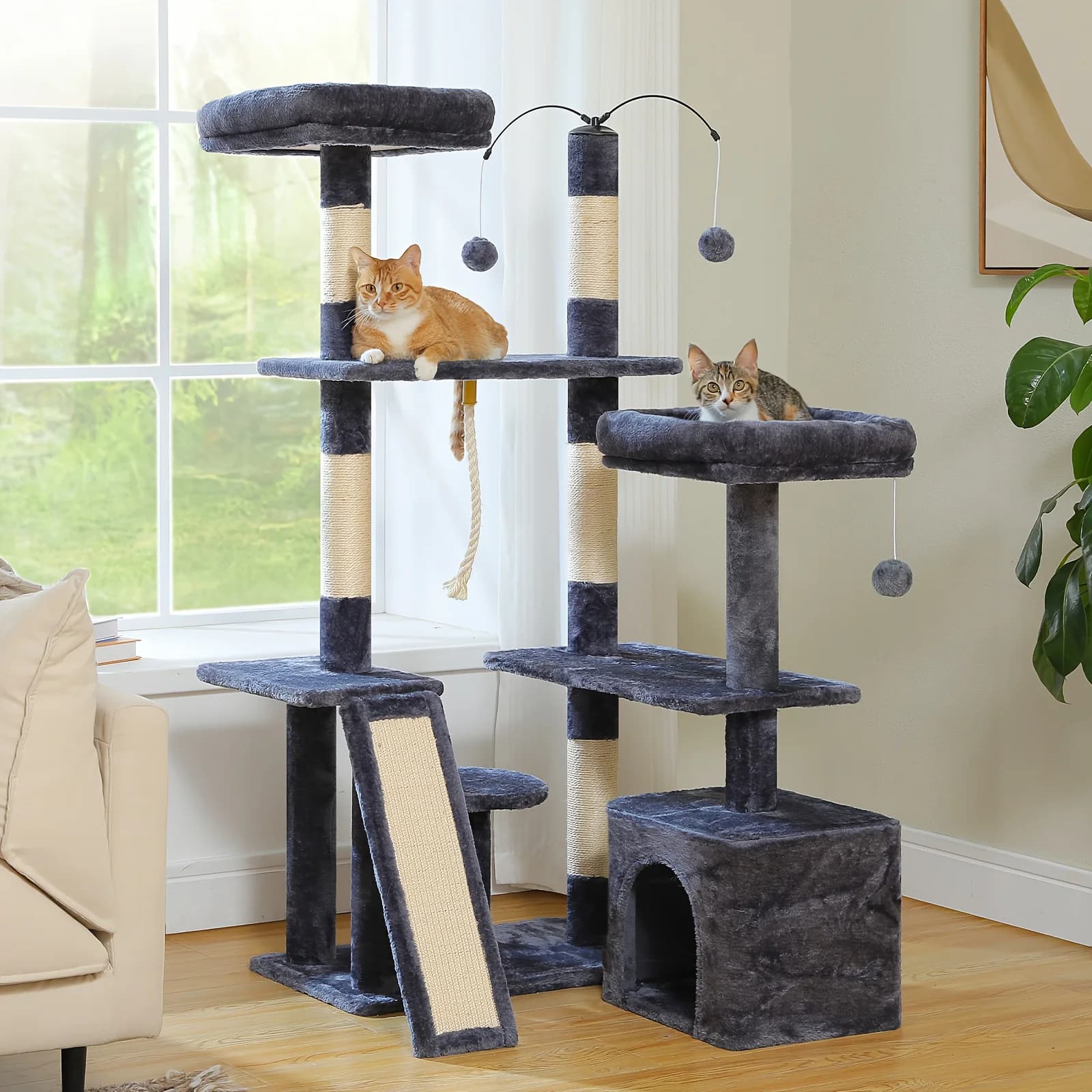 Torre per Gatti da 135 cm con Tiragraffi, Giocattoli Staccabili, Cuccia Confortevole, Piattaforma, Amaca e Tiragraffi in Sisal