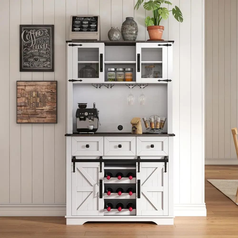 Bar Cabinet with Sliding Barn Doors 71 Farmhouse Pantry Cabinet with Drawers amp Wine Glass Rack Rustic Buffet Cabinet for Kitc