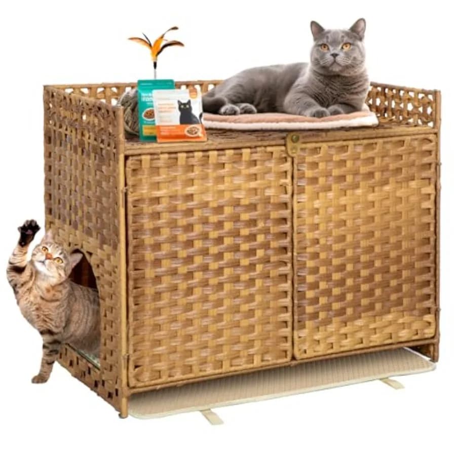 Mobili nascosti per lettiera per gatti dal design moderno per la vita interna: casa per animali domestici in rattan intrecciato a mano con rimovibile