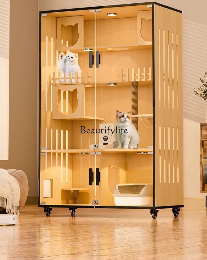 Villa per gatti di lusso in legno massello con lettiera automatica per gatti e casetta per gatti integrata