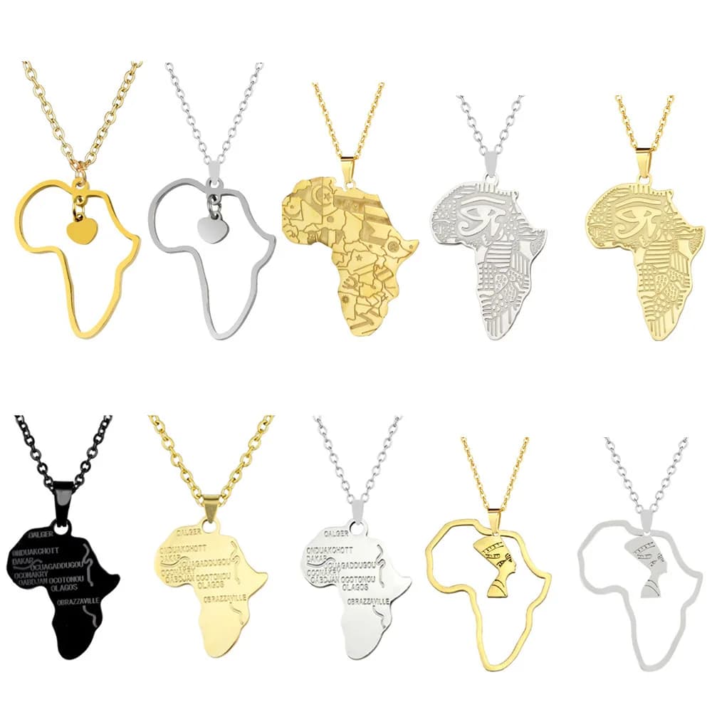 Stainless Steel Africa Map Pendant Necklace for Men Women, Ethnic Tribal Pattern The Africa Continent Necklace, Hip Hop Clavicle