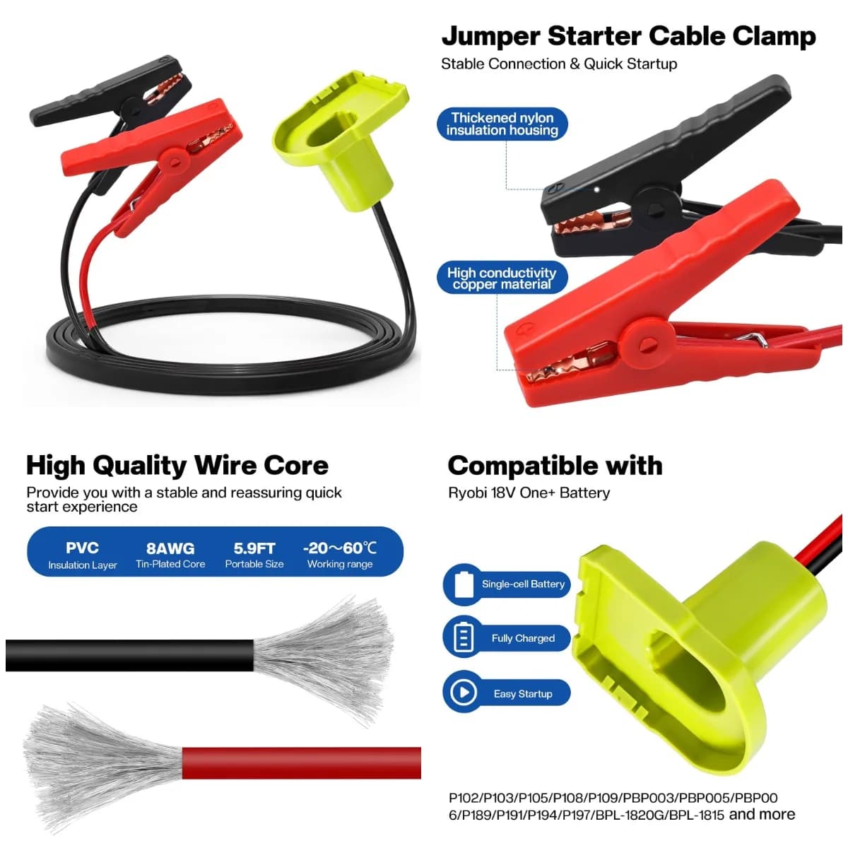Cavi di salto 8AWG 5,9FT per batteria Ryobi 18V, avviamento di emergenza per auto portatile per moto, SUV, camion, camper – Emergenza invernale Us