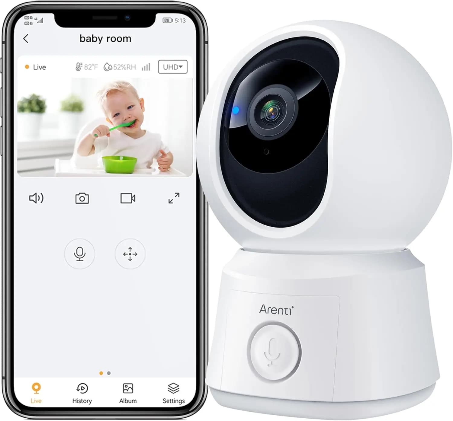 360 ° Telecamera per Bambini e Animali Domestici con WiFi, Sensore di Temperatura, Rilevamento del Movimento, Visione Notturna, Audio Bidirezionale