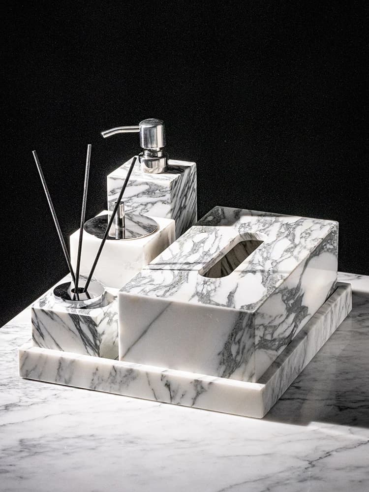 Arabescato Corchia Natural Marble Bathroom Accessories Set Soap Dish Soap Dispenser Reed Diffuser Vanity Tray Bathroom Set