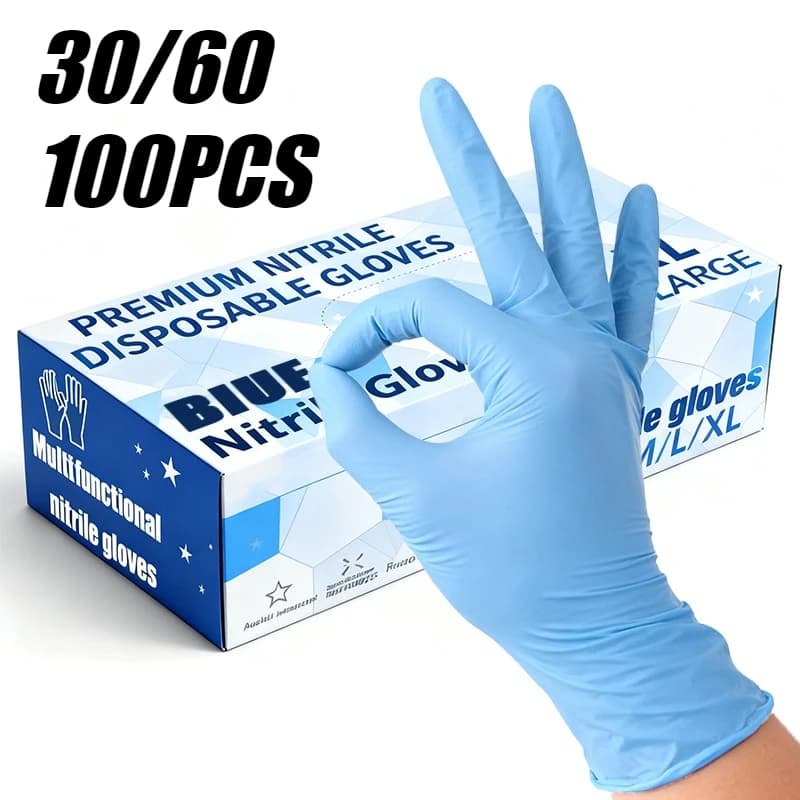 Guanti in nitrile blu monouso da 30/60/100 pezzi, guanti in nitrile blu impermeabili per la pulizia della casa e del giardino