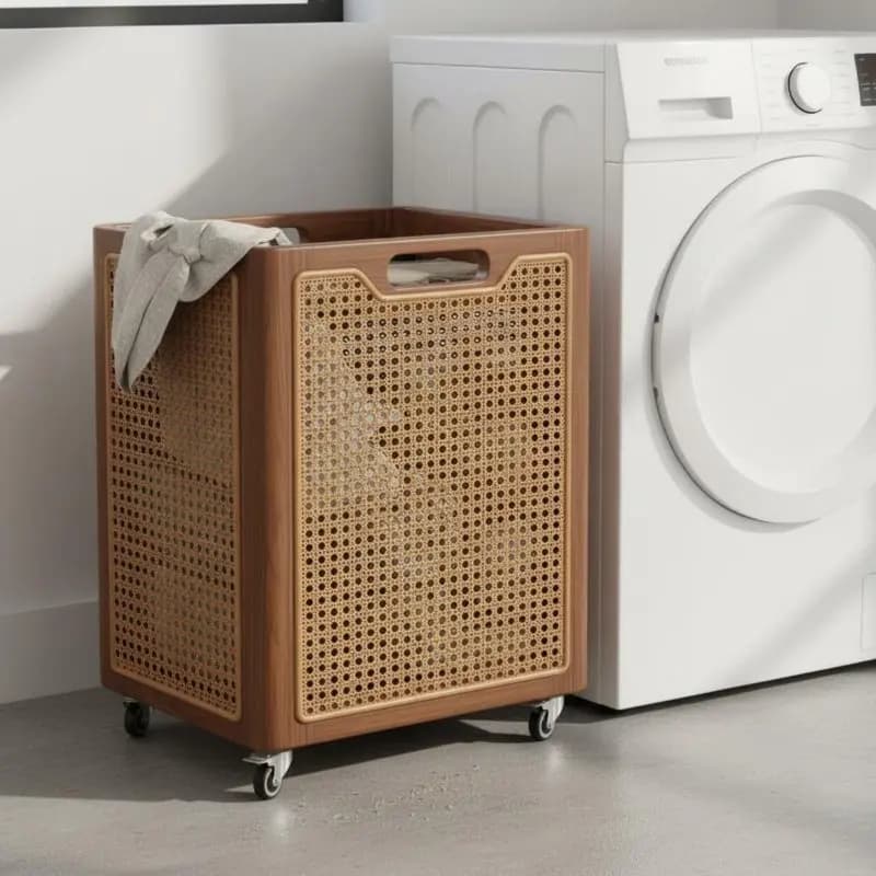 Cesto Portabiancheria in Legno Robusto, Cesto Portabiancheria Multiuso in Rattan su Ruote, Cesto Portabiancheria Intrecciato con Design Ventilato per Camera da Letto